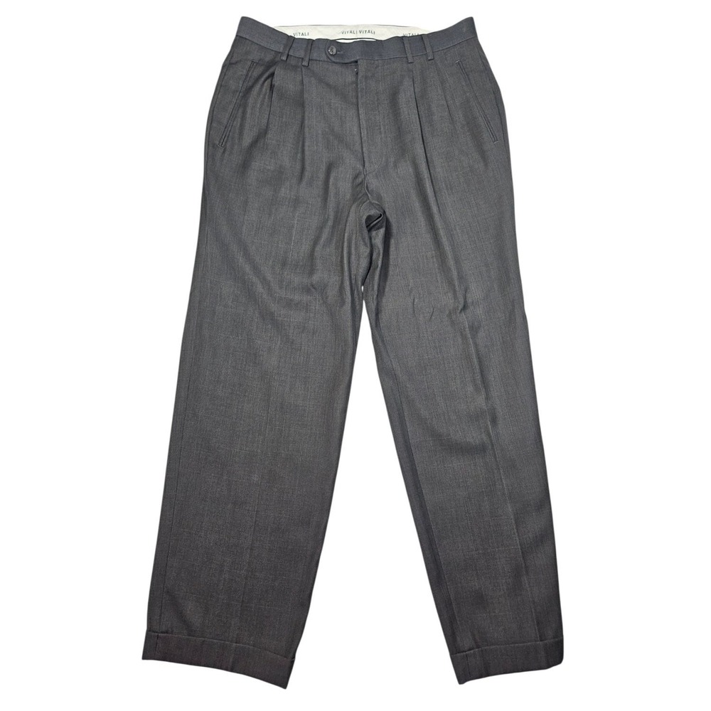 Vitali Mens Charcoal Gray Pleated Cuffed Dress Pants Trousers W34 L29 Slacks
